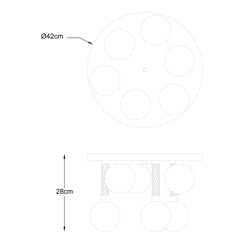 Lampa sufitowa 6 kloszy okrągła podstawa złota MIDA - wymiary.