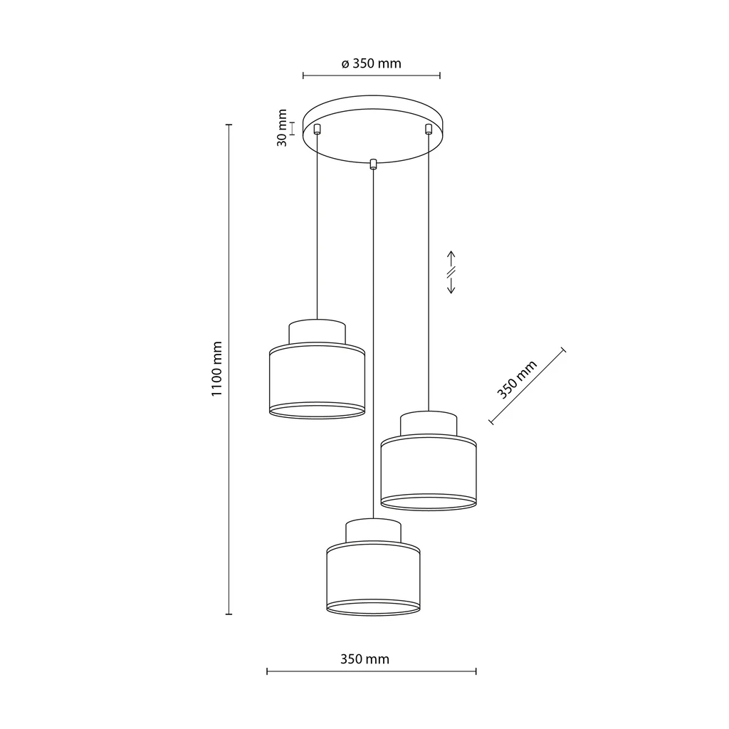 Lampa wisząca okrągła podstawa 3 abażury DUO JUTA - wymiary.