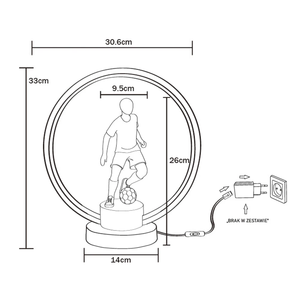 Lampa stołowa LED dekoracyjna PIŁKARZ - wymiary.