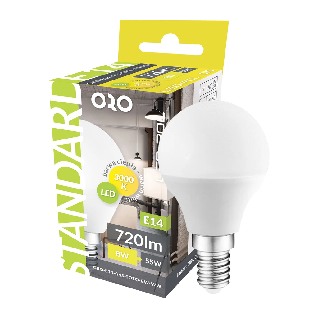 Żarówka LED E14 8W barwa ciepła ORO-E14-G45-TOTO-8W-WW