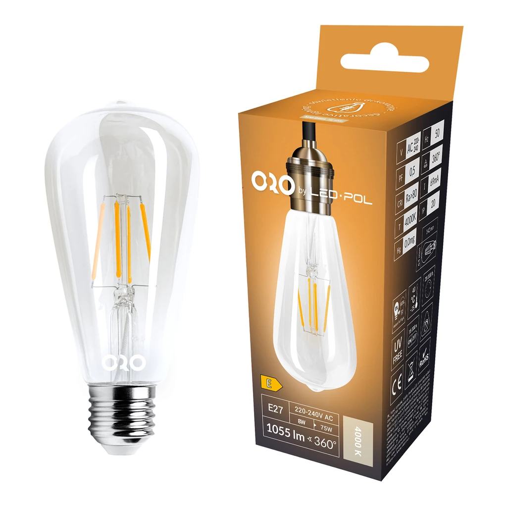 Żarówka ozdobna retro LED E27 8W barwa neutralna ORO-E27-ST64-FL-CLARO-8W-DW