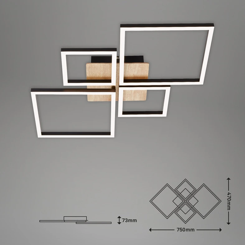 Lampa sufitowa CCT LED prostokątna 4 ramki czarna drewno FRAME 75 cm - wymiary.