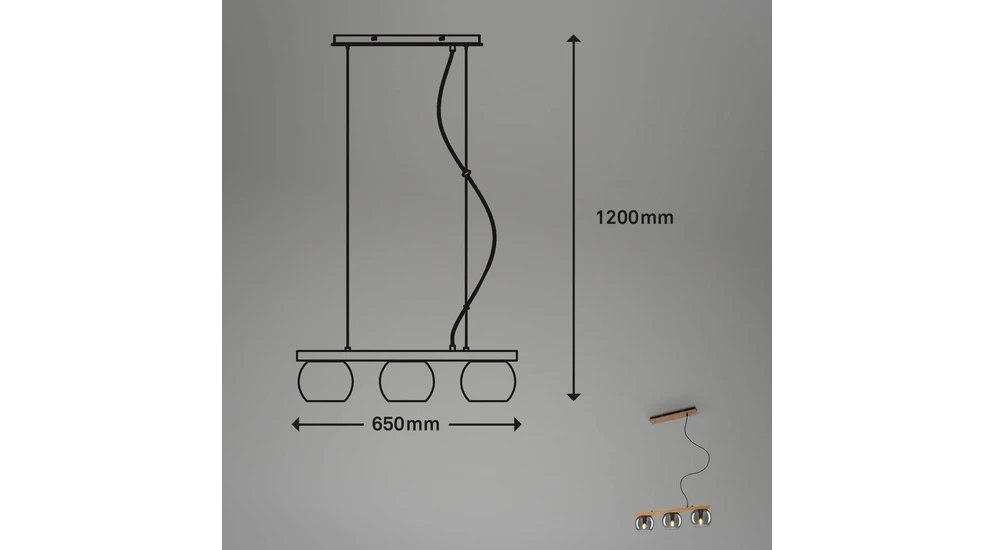 Lampa wisząca 3 klosze drewno jasne czarna KYRO - wymiary.