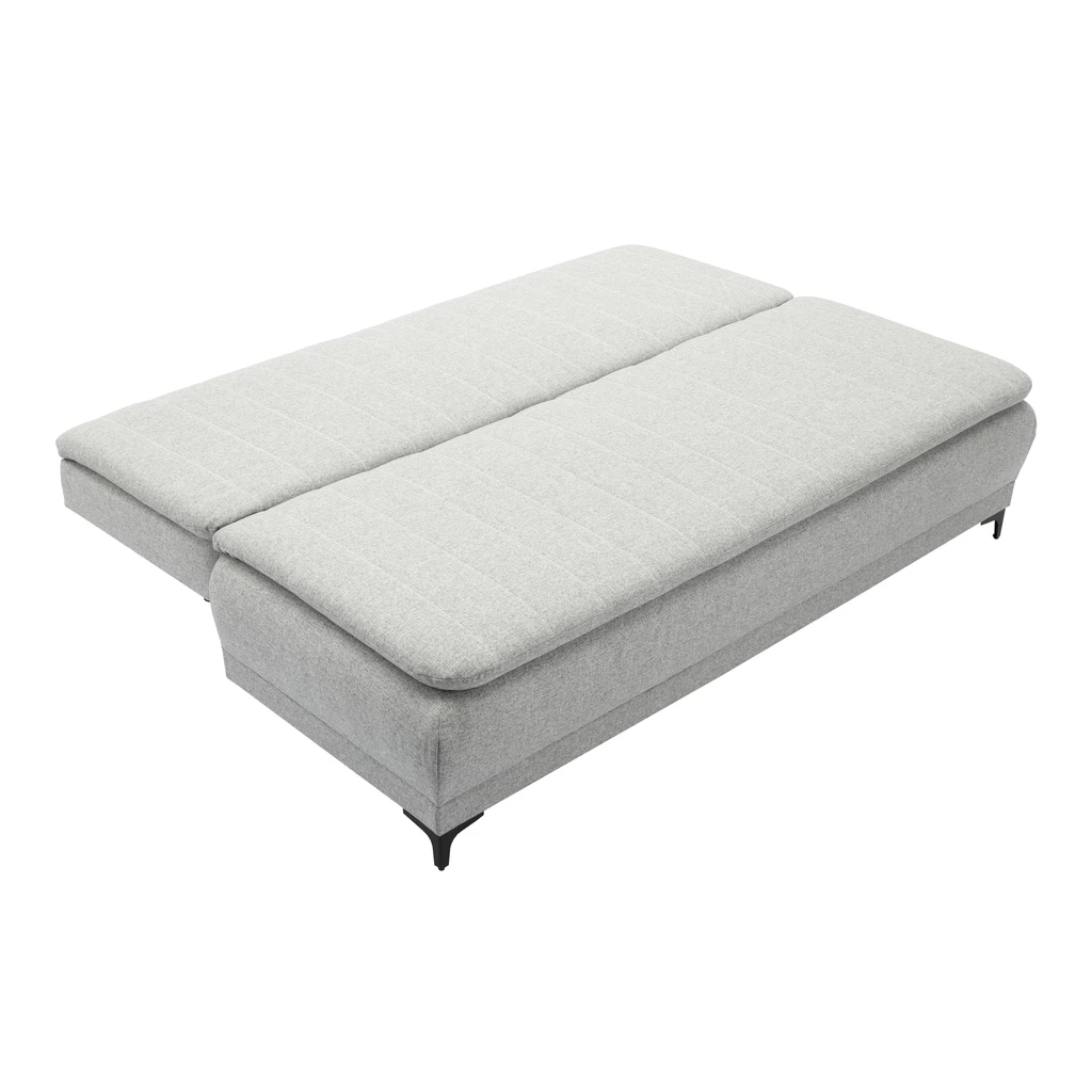 Szara sofa rozłożona.