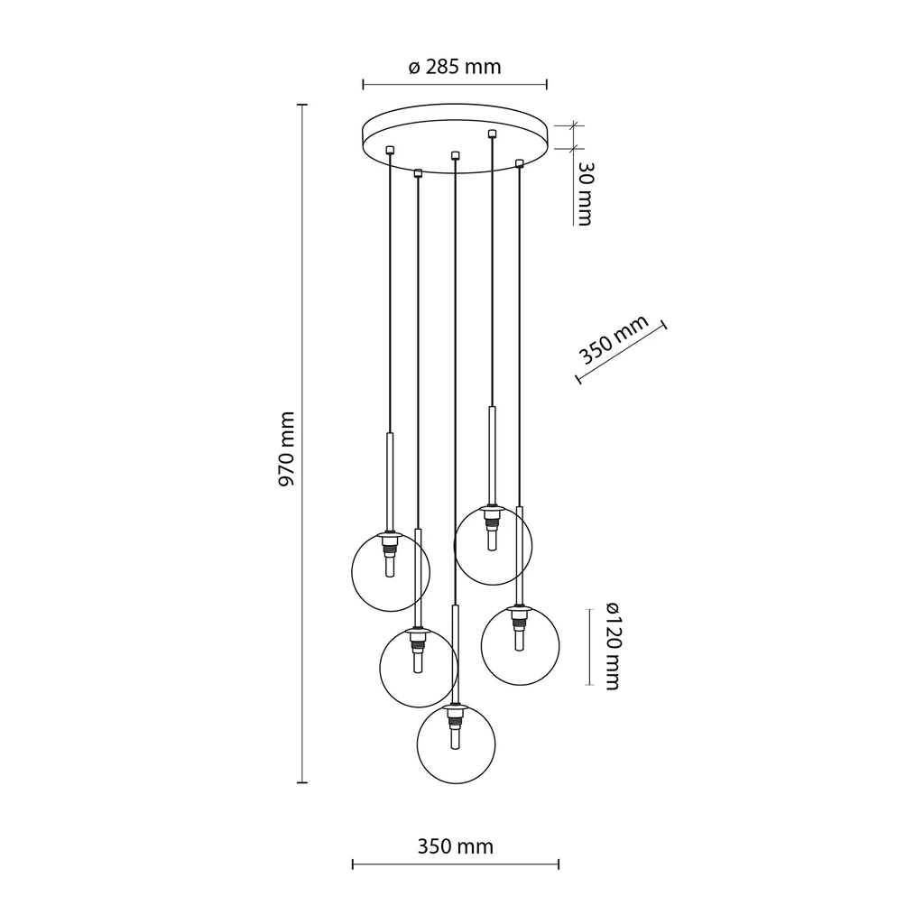 Lampa wisząca kule czarno-złota NILOS 5 - wymiary.