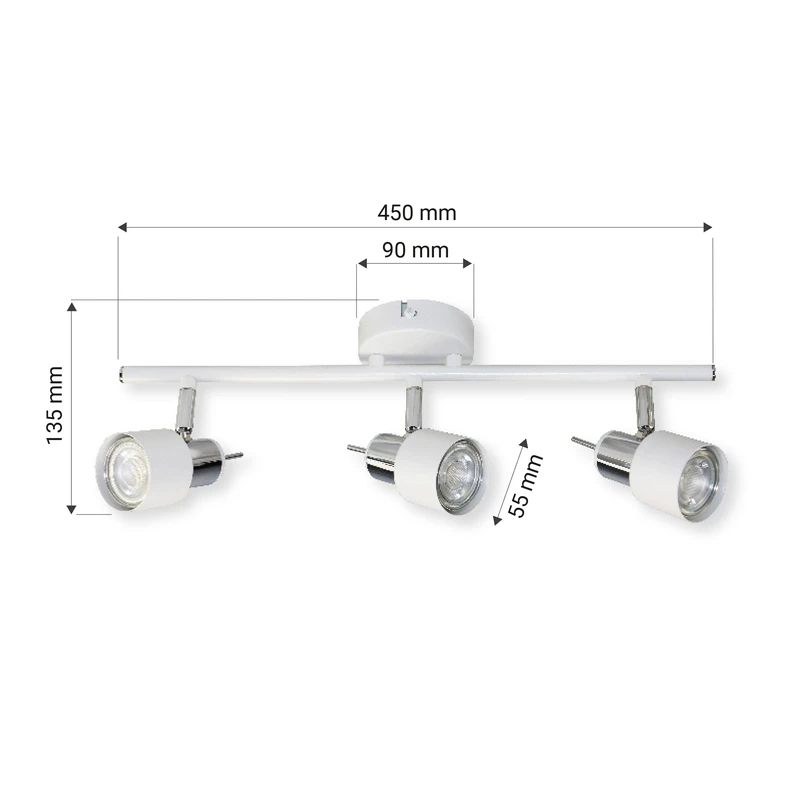 Listwa ORO STERNA posiada oprawę dla 3 żarówek typu GU10 o mocy maksymalnej 10W. Biały kolor lampy wprowadzi element naturalności i wkomponuje się w estetykę pomieszczeń urządzonych w oszczędnym, minimalistycznym stylu.