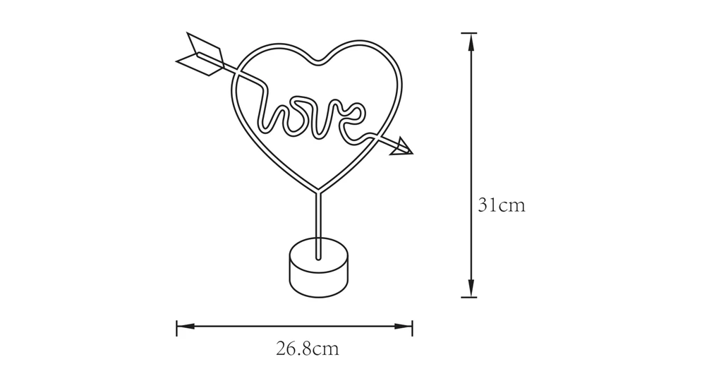 Lampa dekoracyjna LED serce czerwona LOVE - wymiary.