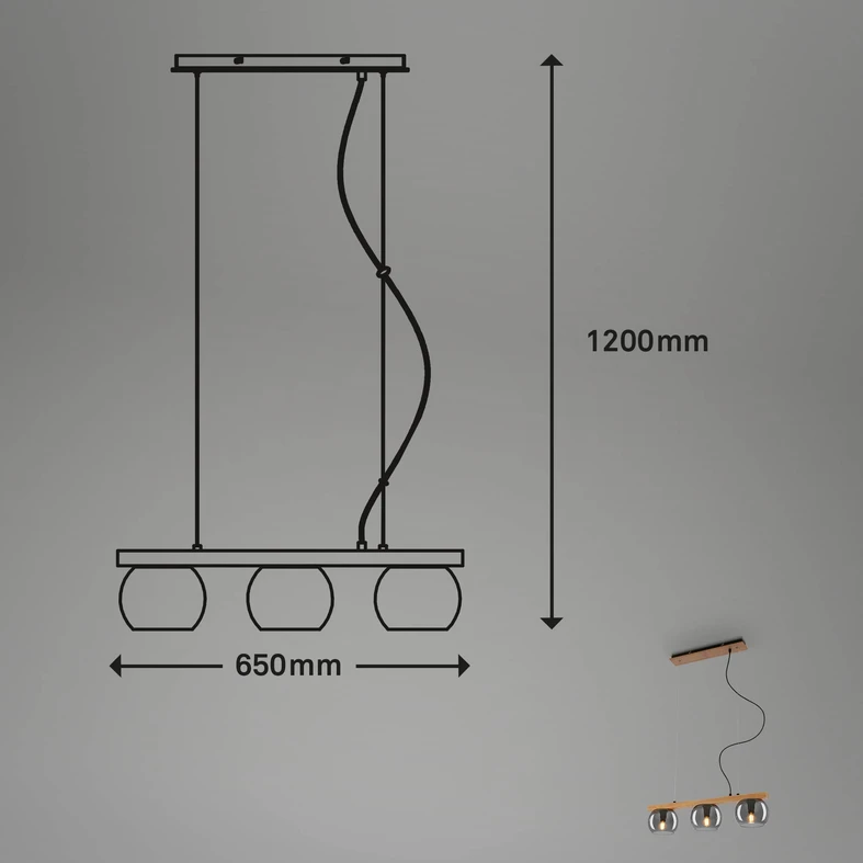 Lampa wisząca 3 klosze drewno jasne czarna KYRO - wymiary.