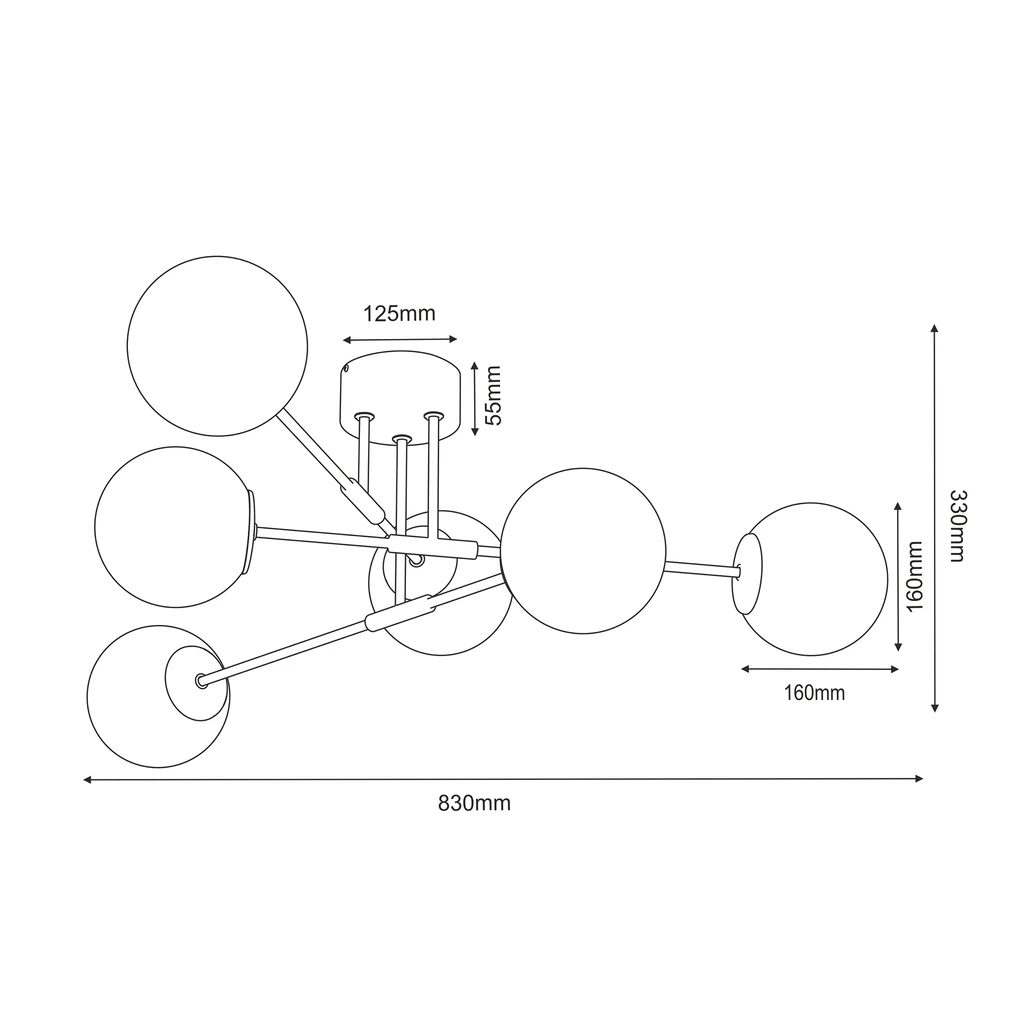 Lampa sufitowa 6 kloszy kule czarno-złoty GLAME - wymiary.